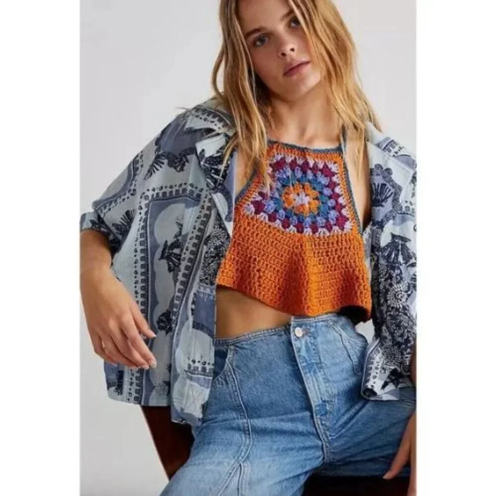 Free People Brown Bella Crochet Halter Top Size Large 38051